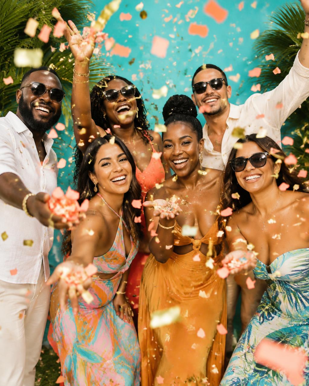 Celebration guests with confetti and a turquoise photobooth backdrop